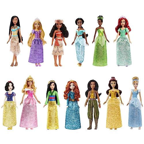 Disney Princess HPG74 - 13 Prinzessinnen-Modepuppen mit Glitzerkleidung und Accessoires, inspiriert von Disney-Filmen, Disney Prinzessin Puppen Spielzeug ab 3 Jahren