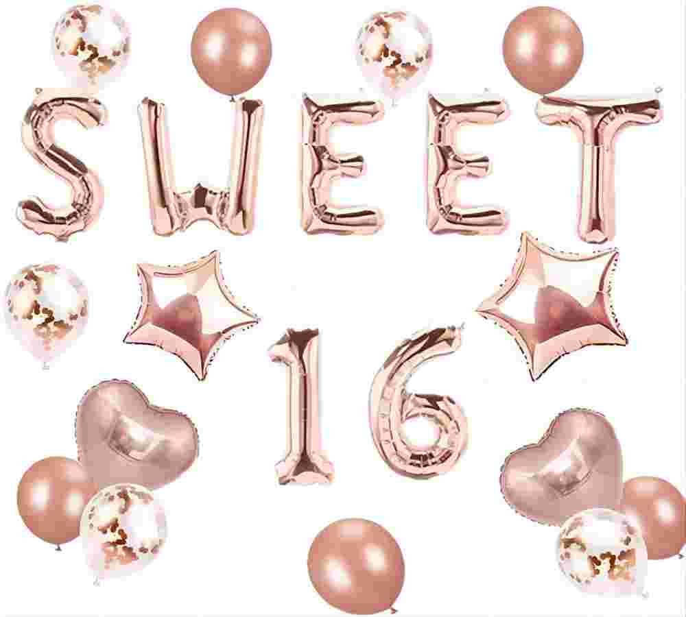 JeVenis 21pc Rose Gold Letter & Star Balloons, Sweet 16th/Birthday/Anniversary Decoration, Unisex, All Ages, Reusable