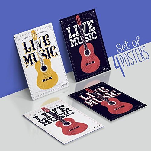 ACOUSTIC GUITAR Posters, Set Of Four 11X17 Vintage Music and Old School Electric Guitar Poster of 1MM Thick, Live Music Wall art for Musicians and Decor!