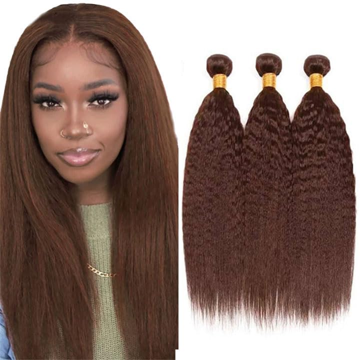 Photo 1 of #4 Brown Human Hair Bundles Chocolate Kinky Straight Bundles 18 20 22 Inch Unprocessed Brazilian Virgin Hair 3 Bundle 50 Gram Per Bundle Deals Quick Weave Hair Extensions