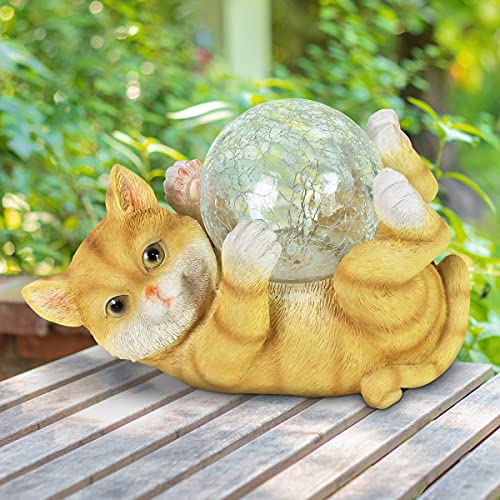 Exhart Orange Cat Garden Statue, Solar Cat Garden Statue Plays w/ LED