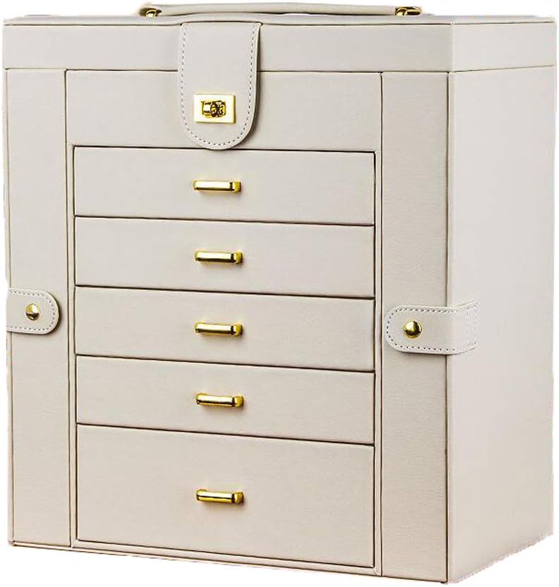 RICHLN 6 Layers Large Jewelry Box,Jewelry Box for Women Lockable Faux Leather Storage Case with Mirror Gift for Girls Or Women White 30x17x33cm(12x7x13inch)