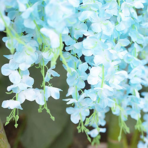 12pcs Artificial Wisteria Flowers 3.6 Feet/Piece Blue Dense Artificial Fake Wisteria Vine Ratta Hanging Garland Silk Flowers String Home Party Wedding Decor（Blue-Dense）