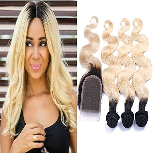 Carina Hair Ombre Hair Extension Brazilian Human Hair Body Wave Dark Roots Blonde T1B/613 Virgin Hair With Closure 3…