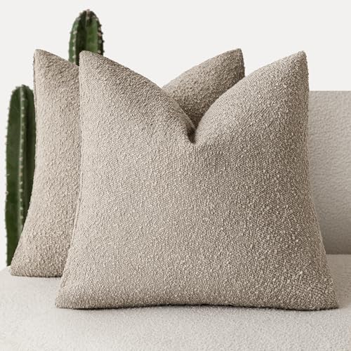 Foindtower Decorative Textured Boucle Cushion Covers Neutral Accent Solid Color Soft Couch Cushions for Chair Sofa Bedroom Living Room Home Decor 22x22 Inch Light Brown Set of 2