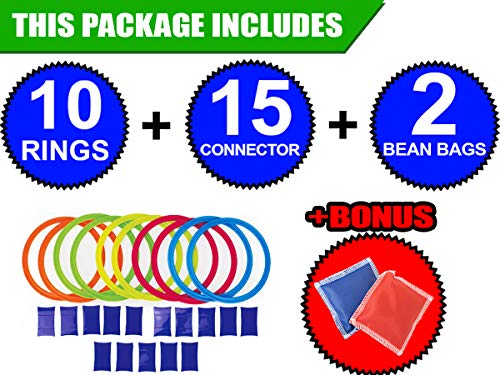 Hopscotch Ring Game - 13 inch - Best Outside Toys to Play for Boys Girls and Kids. 10 Pieces Multi-Colored Plastic Rings and 15 Connectors. Fun Indoor, Outdoor, Summer, Beach, Church and School