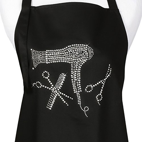 Hair Stylist Salon Apron with Rhinestone Scissor and Comb Design, Black with 3 Pockets