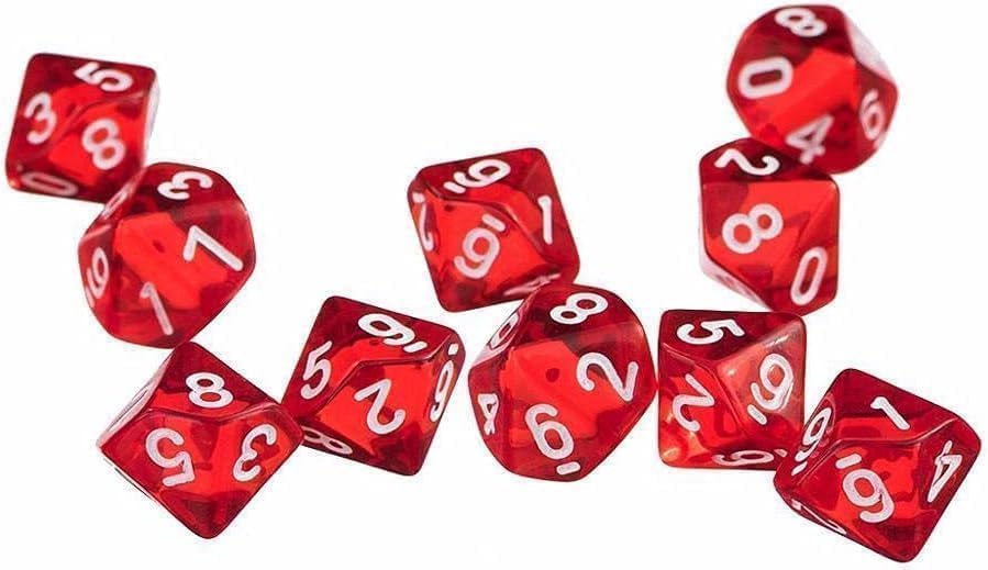 10Pcs Red D10 Polyhedral Dice Set, 10-Sided, High-Clarity, for Tabletop Games and Role-Playing Adventures
