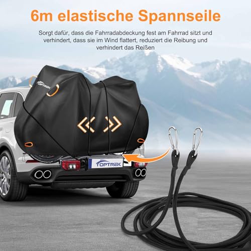 toptrek Fahrradschutzhülle Heckträger für Anhängerkupplung 2 Fahrräder | Fahrradabdeckung Fahrradträger mit 6m Sicherheitsseil | 600D Oxford-Gewebe Transportschutz Fahrradgarage Fahrradträger E-bike