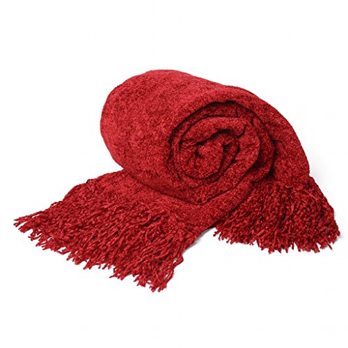 Decorative Chenille Thick Couch Throw Blanket with Fringe (RED) Large