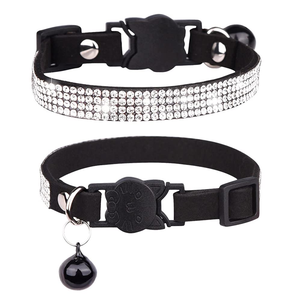 FUNAT Rhinestone Cat Collar with Bell, Microfiber Soft and Comfortable, White Rhinestone, Cat Collar with Cat Head Safety Buckle
