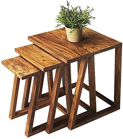 MODWAY Sheesham Wood Nesting Tables Set of 3 Stools | Natural Finsih