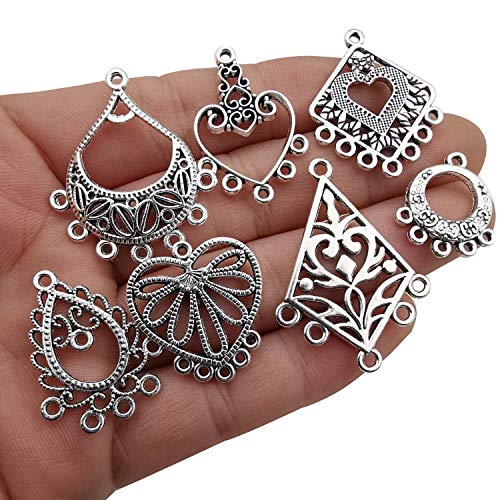 Youdiyla 60 Vintage Hoop Earring Charms Collection, Antique Silver Tone, Large Filigree Chandelier Connector Metal Pendant Craft Supplies Findings for Vintage Hoop Earring Making (HM268)