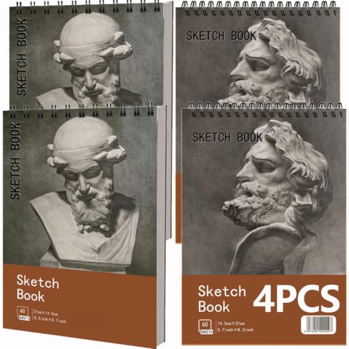 GODREAM Caderno de Desenho Profissional, Kit de 4 Sketchbook A5, Cada 60 Folhas Papel 100g/m², Bloco de Desenho com Espiral, Ideal para Desenho e Ilustração