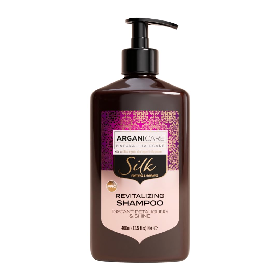 Arganicare | Silk Protein Revitalizing Shampoo | All Hair Types | Gentle Daily Cleansing with Silk Protein and Argan Oil | Smoothness, Shine and Manageability | 400 ml