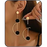 Retro Geometric Gold Black Long Drop Earrings for Women, Golden Tone Half Circle Dangle Earrings with Ball Minimalist Statement Jewelry Gifts