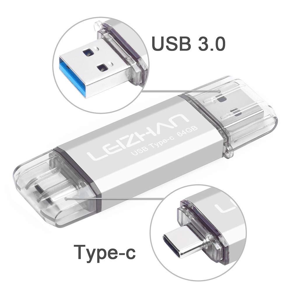 leizhan 64GB USB 3.0 Flash Drive Thumb Drives Jump Drive USB Memory Stick Type-C/USB-A 2 in 1 - Silver