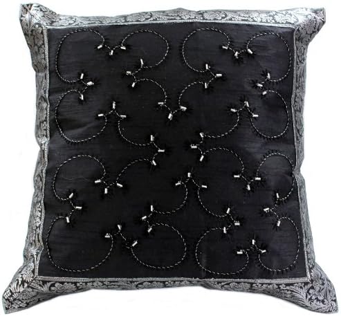 Banarsi Designs Hand Embroidered 16" X 16" Accent Pillow Cover, Set of 2 (Mystic Black)