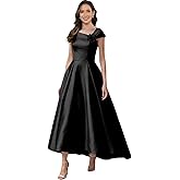 GORCENT Modest Satin Prom Dress with Pockets 2026 High Low A Line Cap Sleeve Flower Puffy Formal Evening Gown for Women