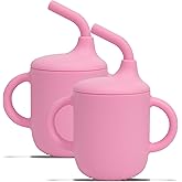 NICINGU 2Pack silicone sippy cup and training cup for baby 6 months+ soft straw and handles open cup for toddler 6-12 months-Pink