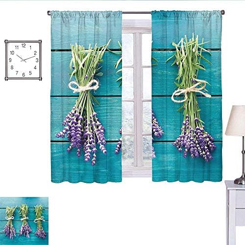 alisoso Lavender Small Window Curtain Fresh Lavender Bouquets on Blue Wooden Planks Rustic Relaxing Spa Light Curtain Sky Blue Lavender Green W63 x L72