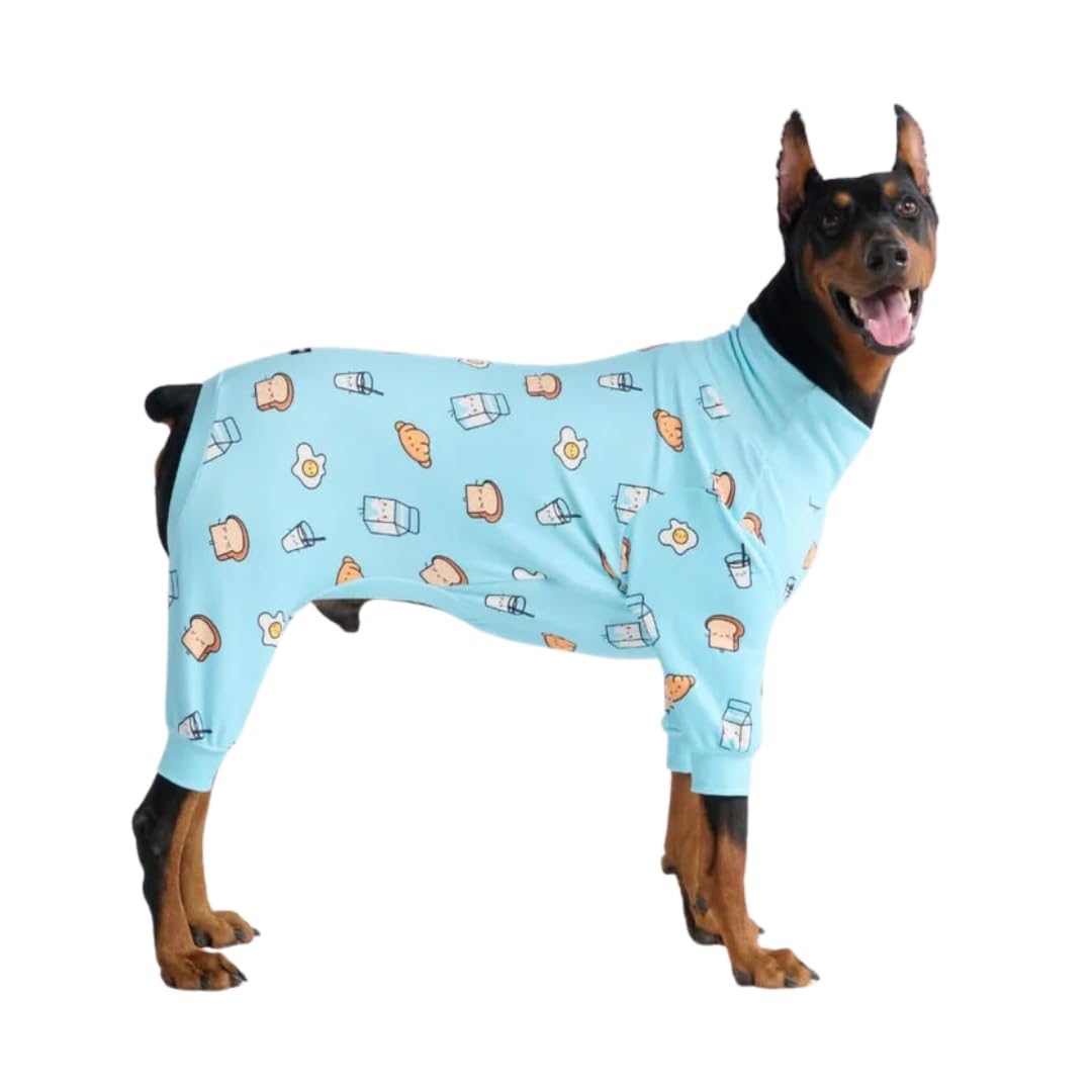 Spark Paws Dog Pyjama, Ultra-soft and 4-way stretch, Recovery-suit PJ Onesie for Small, Medium and Large Breeds - Breakfast Blue - 3XL