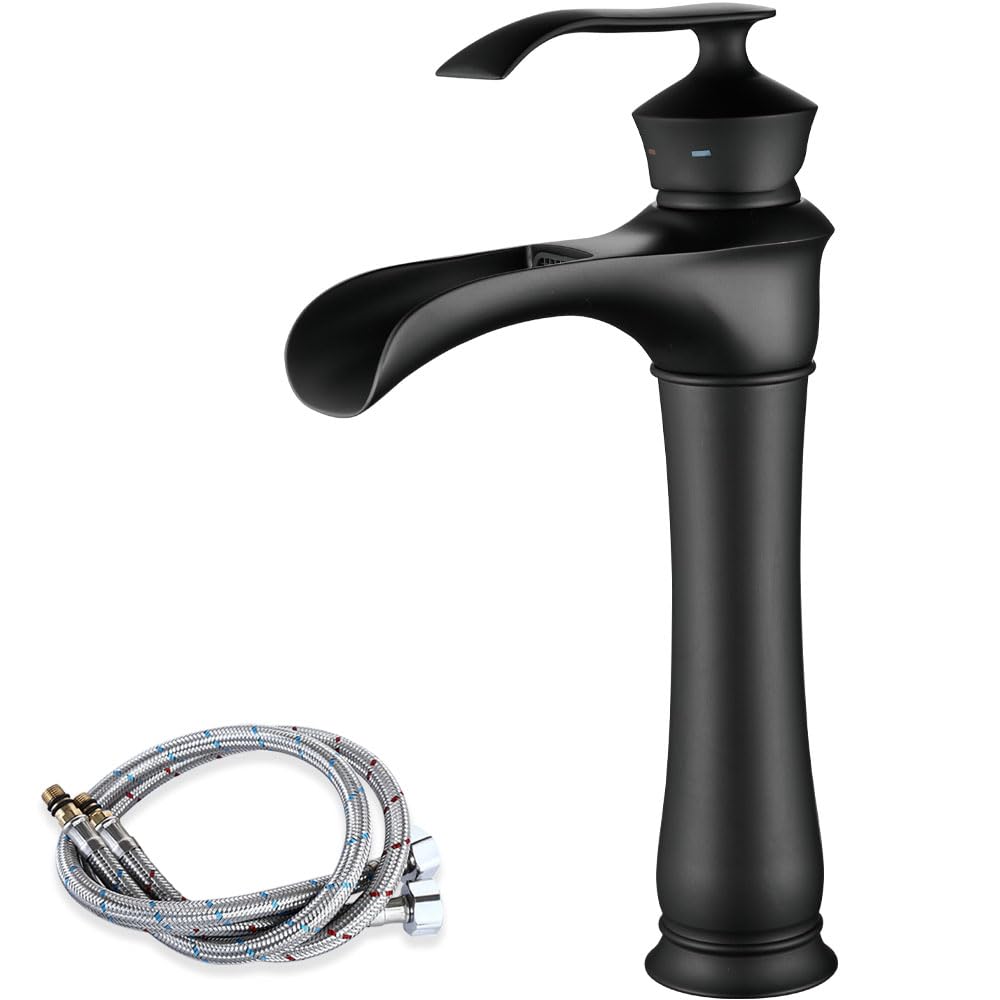 Maynosi Waterfall Bathroom Basin Mixer Tap, High Rise Mixer Taps for Countertop Basin, Tall Retro Sink Faucet with Wide Spout, Single Lever Durable Brass tap with Flexible Hoses (Matte Black)