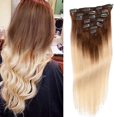 Clip Extensions Human Hair Blonde Ombre 70grams 20 Silky Straight