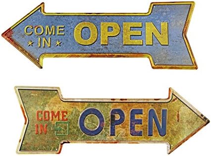 New Deco Open Metal Tin Sign With Rustic Retro Arrow Decorative Signs For Cafe Pub Pack of 2 Size 2-16.9x6 Inches