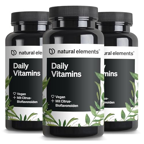 natural elements Daily Vitamins 3er Set – 3x 120 Multivitamin Kapseln – alle wertvollen Vitamine A-K – perfekt für Sportler – vegan, hochdosiert, ohne