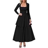 chicyes Women's Square Neck Ruffle Hem Long Dress Ruched Waist Long Sleeve Corset Long Party Dresses