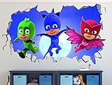 PJ Masks Jumping Out Smashed 3D Wall Decal Sticker Vinyl Decor Door Window Poster Mural Movie Games - Broken Wall - 3D Designs - R38 (Small (Wide 22