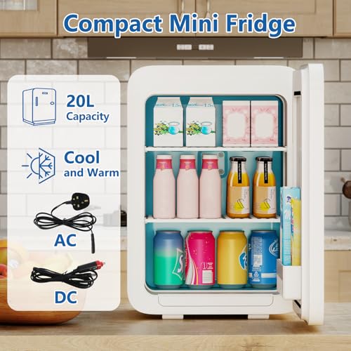 ARTETHYS Mini Fridge for Bedrooms 20L Small Car Fridge Mini Refrigerator with System Cooler and Warmer for Home Office, 220V AC/12V DC, White