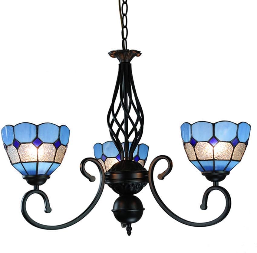Chandelier 3-Heads Mediterranean Blue Stained Glass Lamp Shade Retro