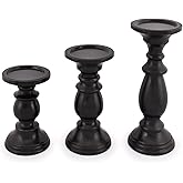 SAMHITA Set of 3 Farmhouse Mango Wood Candle Holders, in Black Finish for Table Centerpiece Candle for Any Room Decor