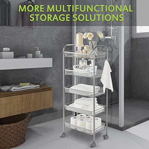 Cozzine 5 Tier Wire Mesh Shelf Rack Utility Rolling Cart with Wheels, Kitchen Bathroom Storage Organizer Cart Shelves with 5 Side Hook Racks - Thumbnail 6