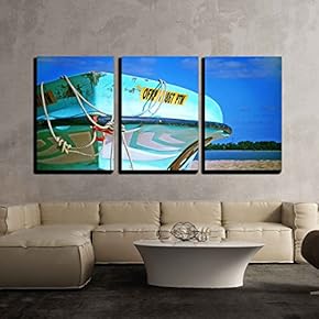3 Piece Canvas Wall Art - Turquoise Boat on The Beach - Modern Home Art Stretched and Framed Ready to Hang - 16"x24"x3 Panels