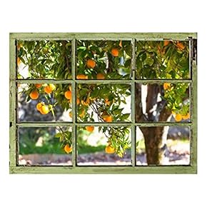 Window View Wall Mural - Orange Trees in The Yard - Vintage Style Wall Decor - Peel and Stick Adhesive Vinyl Material - 24x32 inches