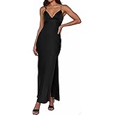 Yixinjew Satin V Neck Backless Split Maxi Dress for Women Wedding Guest Silk Spaghetti Strap Tie Open Back Long Dress with Slit Black