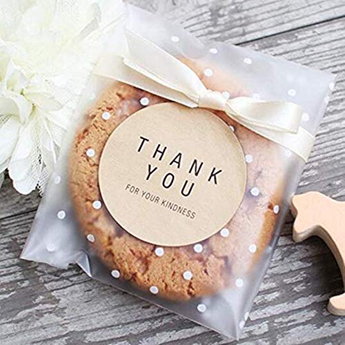 White Dots Self Adhesive Plastic Cookie Bags for Gift Giving 200 Bags+200 Thank You Labels (4x4+1.18 inch)