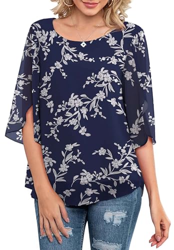Neineiwu Tunique décontractée en mousseline de soie pour femme - Col rond - Manches 3/4 - Chemisier en maille - Coupe ample, Feuilles blanches, bleues, L