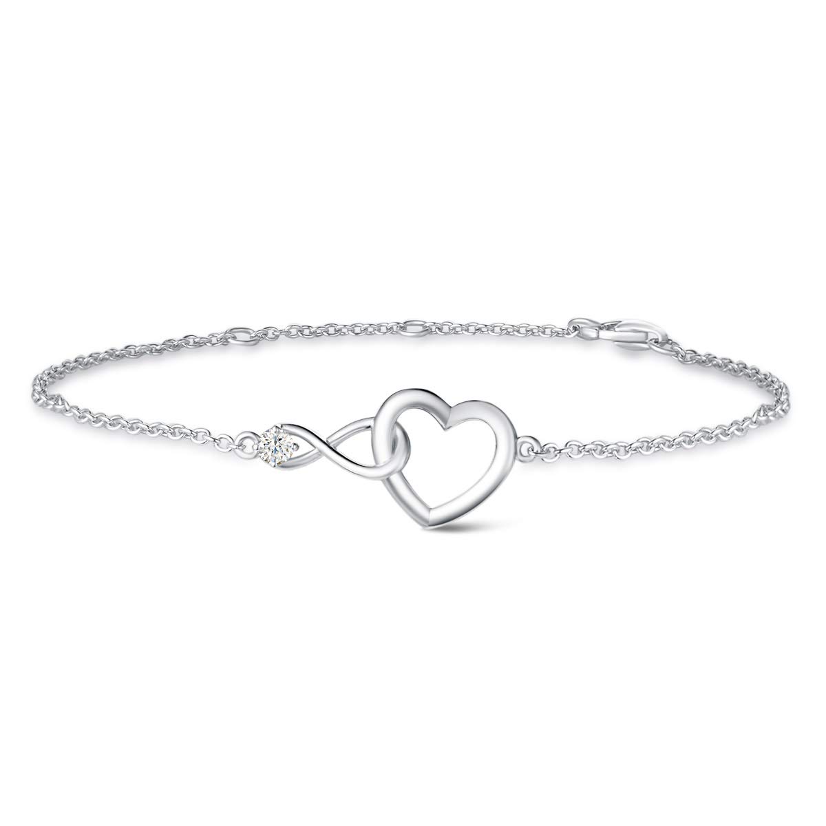 FANCIME 925 Sterling Silver Women Bracelet White Silver Infinity Heart Bracelet, with Zirconia, with Elegant Jewellery Box Christmas Birthday Graduation Anniversary Present for Women