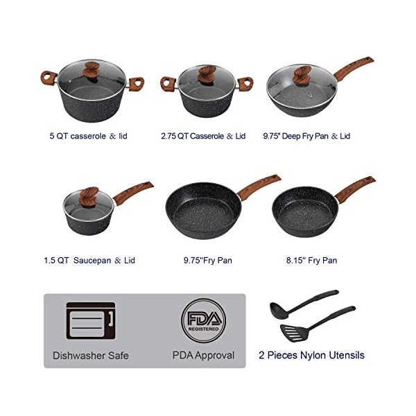 Kitchen-Academy-12-Pieces-Nonstick-Granite-Coated-Cookware-Set-Black-Bakelite-Handle-with-Wood-Effect-Soft-Touch Kitchen Academy 12 Pieces Nonstick Granite-Coated Cookware Set, Black - Bakelite Handle with Wood Effect (Soft Touch)