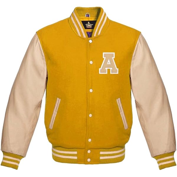Men's Varsity Baseball Letterman Premuim Yellow Gold Wool & Cream