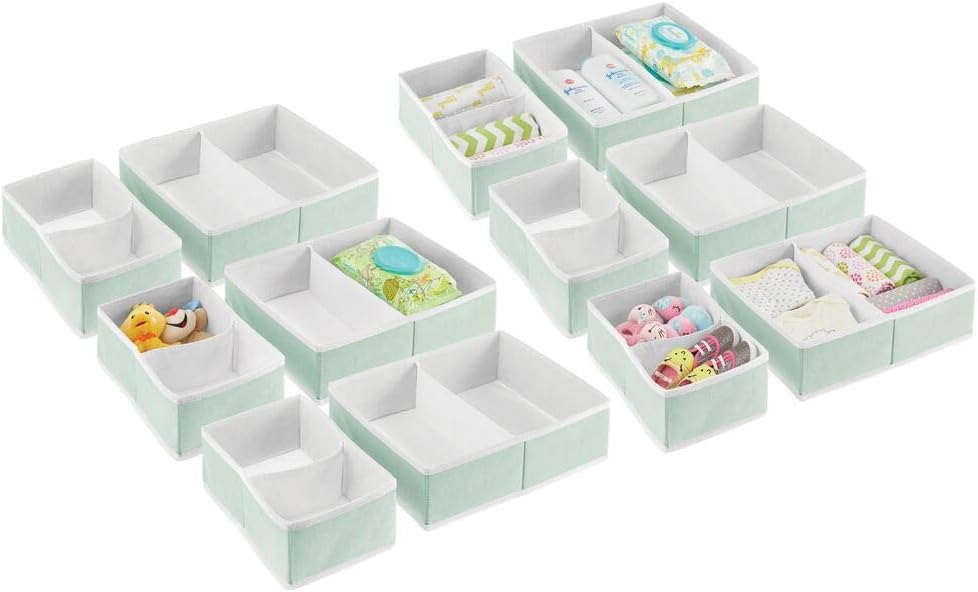 mDesign Soft Fabric Dresser Drawer and Closet Storage Organizer Set for Child/Kids Room, Nursery, Playroom, Bedroom - Rectangular Organizer Bins - Set of 12 - Mint Green/White