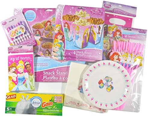 Bundle: Disney Princess Party Kit: 8 Invitations, Snack Stand, 8 Snack Boxes, 8 Candles, 8 Favor Bags, 18 Straws, 18 Cake Plates, 20 Napkins, 5 Gain Trash Bags