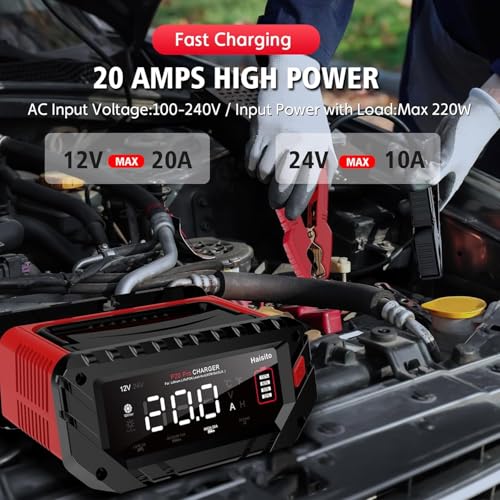 Haisito 12V/24V Smart Fast Battery Charger, 20A, LiFePO4 Lithium Lead Acid (AGM/Gel/SLA) for Cars, Boats, Motorcycles, 240V Input