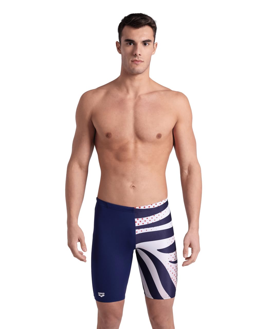 Photo 1 of ARENA Performance Men's Multi Stripes Swim Jammer MaxLife Knee-Length Swimsuit Athletic Pool Training Competitive Bathing Suit, Navy/White Multi, US Size 26