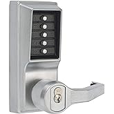 Kaba Simplex L1000 Series Metal Mechanical Pushbutton Cylindrical Lock with Lever, Key Override, 13mm Throw Latch, Floating Face Plate, 70mm Backset, R/C Sargent, Core Not Included, Satin Chrome Finish, Right Hand