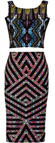 Womens Celeb Two Piece Bodycon Tribal Aztec Skirt Crop Top Playsuit Dress (UK Skirt 14 - US Skirt 10, UK Top 12 - US Top 8)